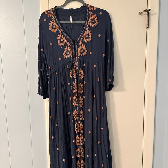 🩵Free People Dress Pink Embroidery V-neck Drawstring Midi Maxi Dress Size Small - Picture 5 of 8